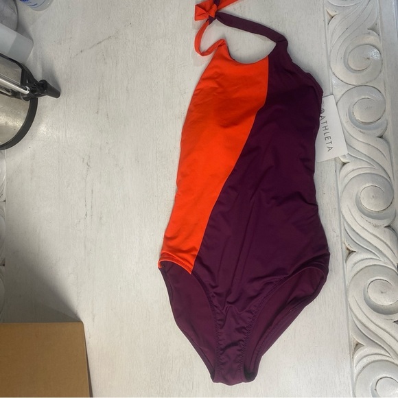 NWT Athleta Purple Orange Asymmetrical Colorblock Halter Swimsuit One-piece Sz S - Picture 2 of 8